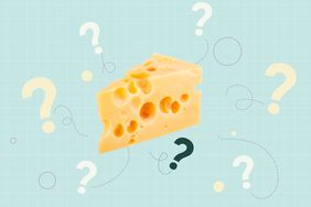 a photo of a block of cheese with question marks surrounding it