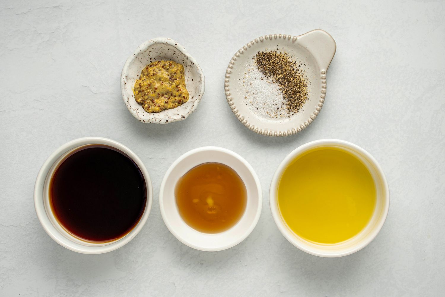 overhead view of all ingredients in various bowls/dishes