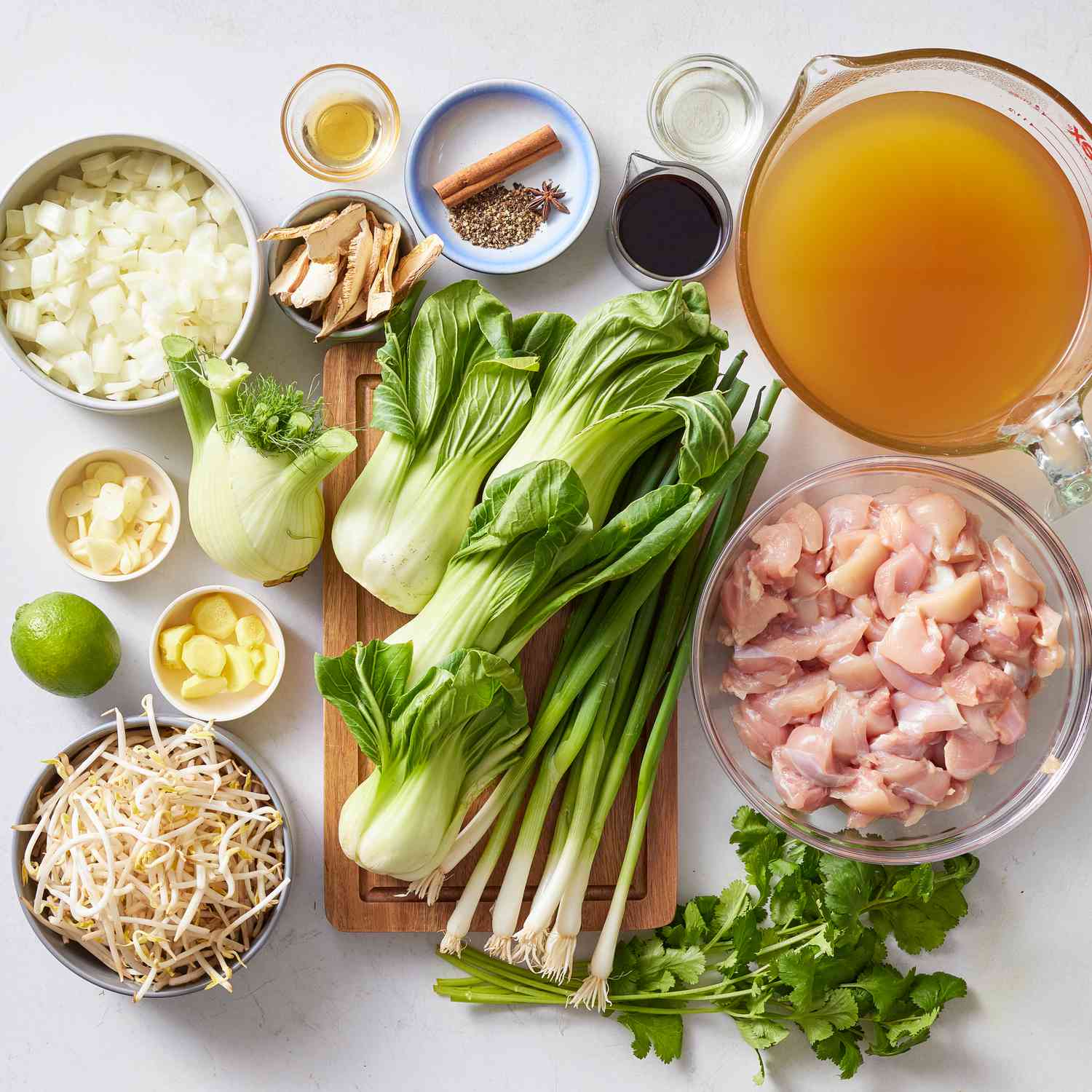 Image of ingredients for Chicken & Bok Choy Soup with Ginger & Mushrooms