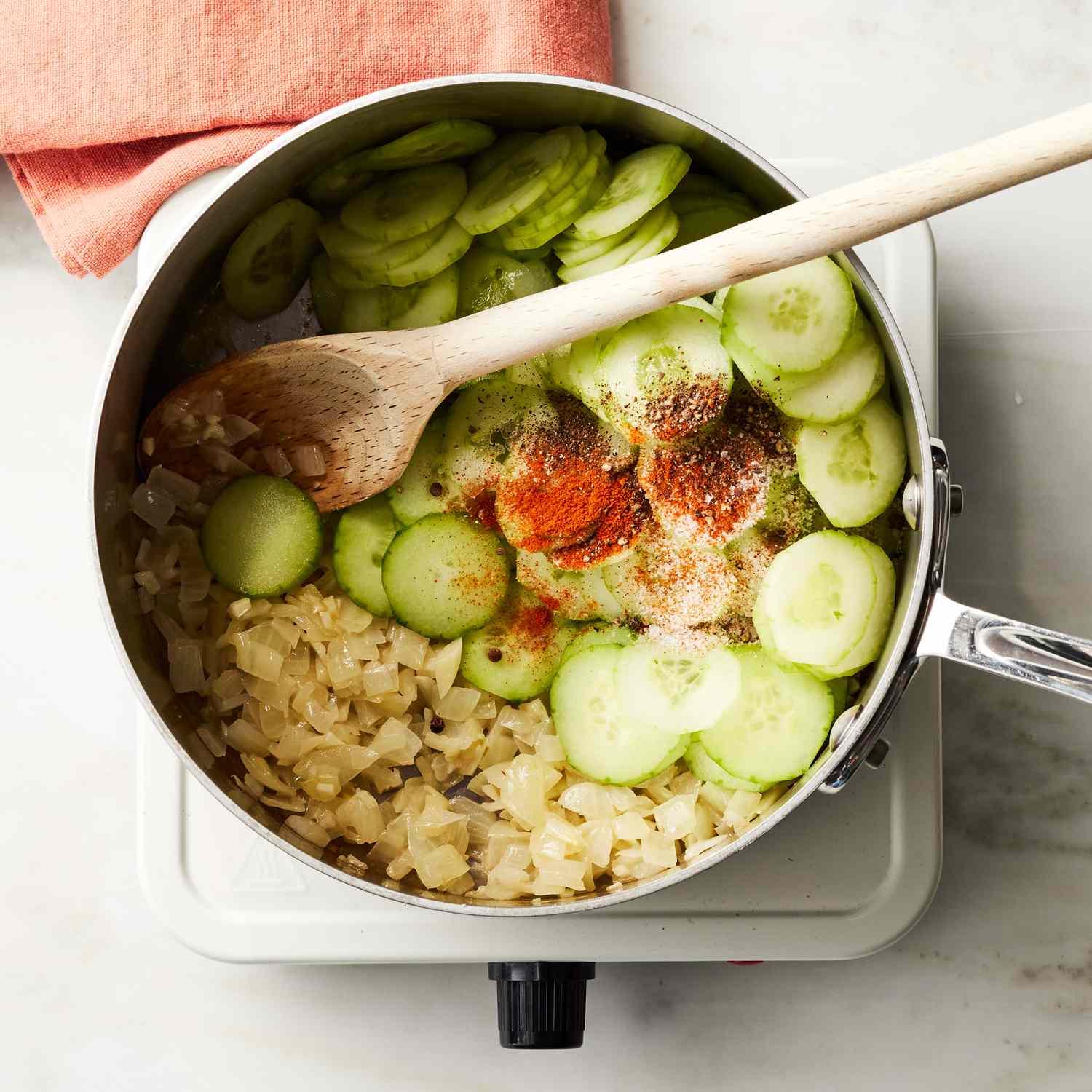 creamy cucumber soup being made in a pot