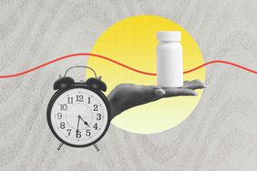 A clock and a hand holding a pill bottle, against a decorative background with a red line and yellow accent