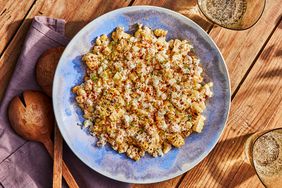 Overhead view of a bowl of Esquites (Mexican Corn) recipe