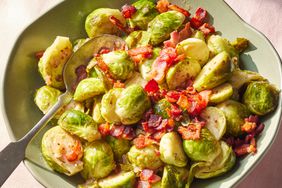 an overhead shot of the Brussels Sprouts with Bacon and Cider Vinegar in a green bowl