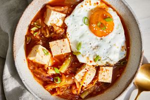 a recipe photo of the Kimchi-Tofu Soup with Sesame & Egg