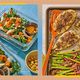 A collage showing containers with salad and prepared chicken with vegetables on a baking tray