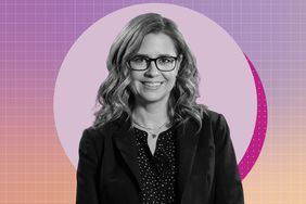 Jenna Fischer smiling, wearing glasses, against a gradient background