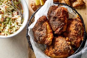 a recipe photo of the Air-Fryer Spicy Buttermilk Chicken with Broccoli-Raisin Slaw
