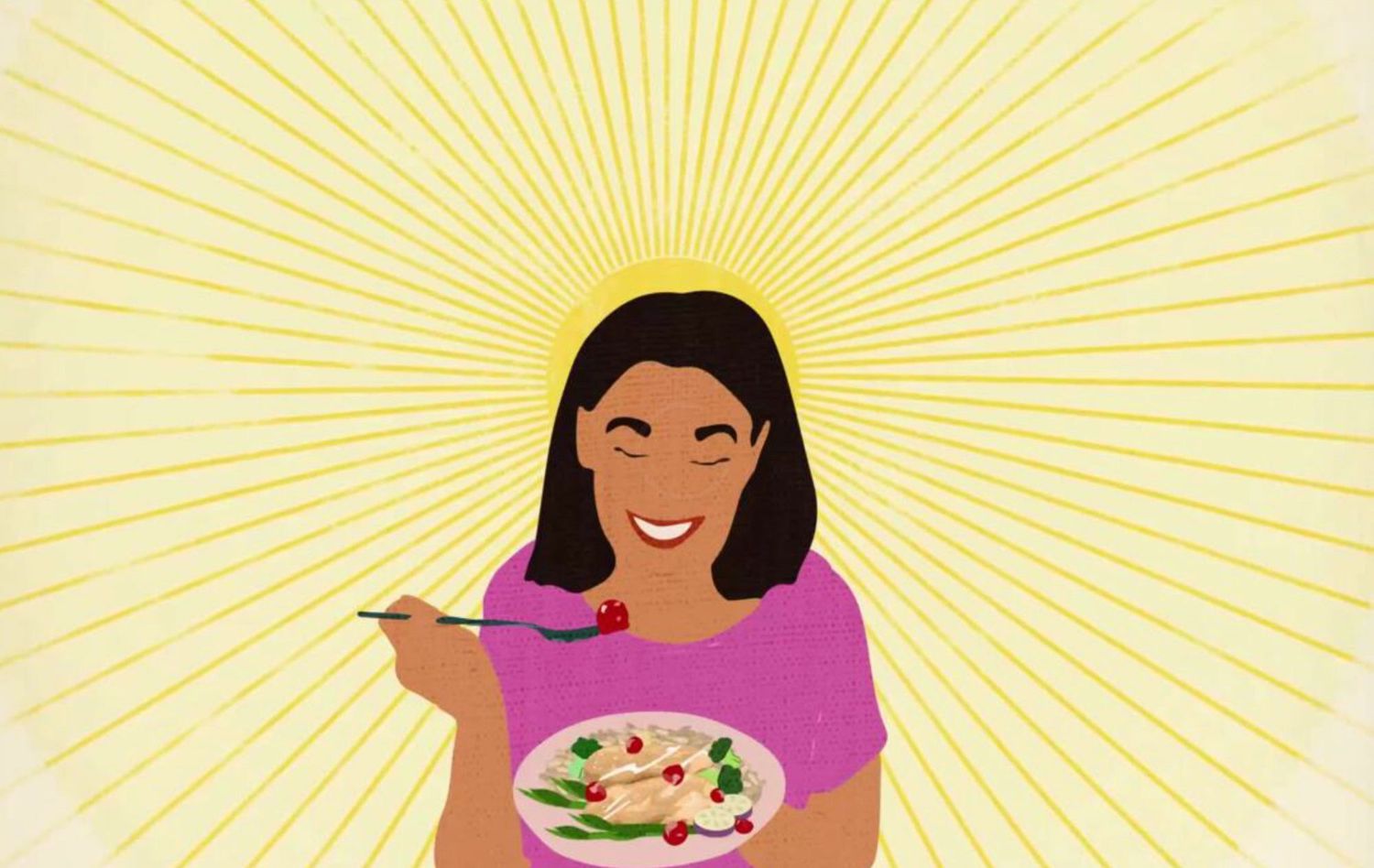 illustration of smiling person holding a plate of food with sunshine rays in the background