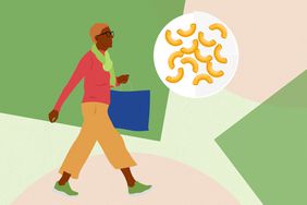 an illustration of a woman holding a shopping bag with pasta in a bubble