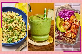 Three healthy food servings include a pasta dish, a green smoothie, and a bowl with quinoa, vegetables, and beans