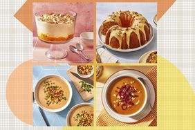 a grid of the Make Ahead Thanksgiving Recipes including the passion fruit mousse, curried pumpkin soup with tamarind onions, peanut soup with sage, and sweet potato bundt cake