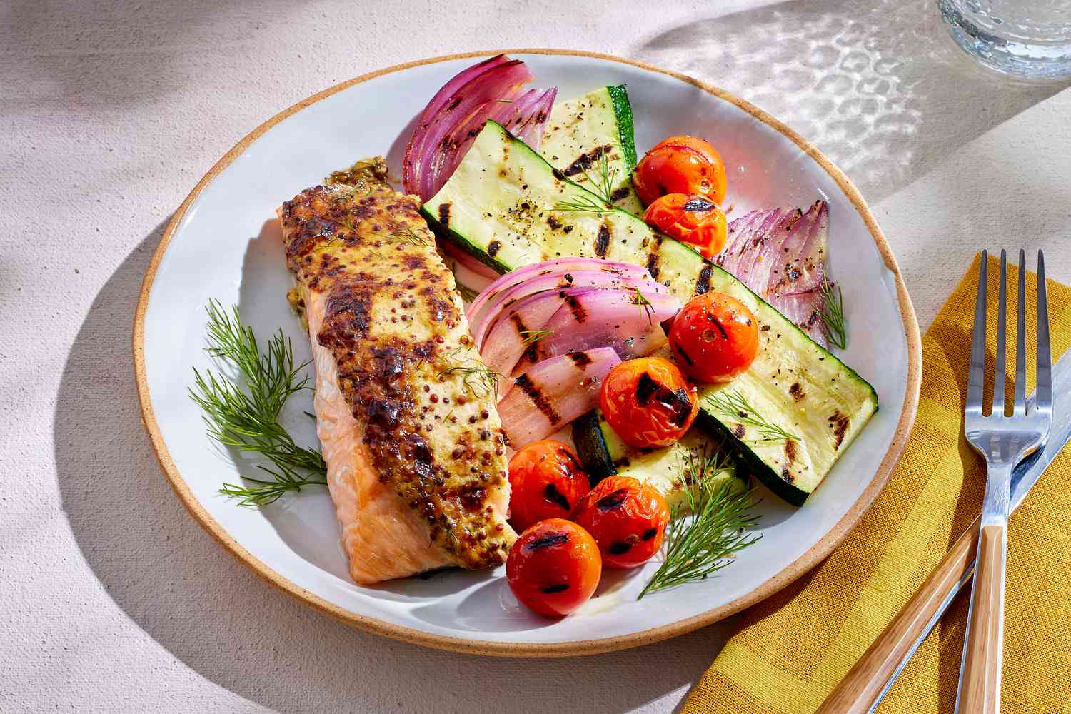 a recipe photo of the Mustard-Dill Grilled Salmon with Baby Vegetables