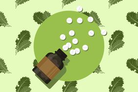 an illustration of an open bottle of pills with kale leaves in the background