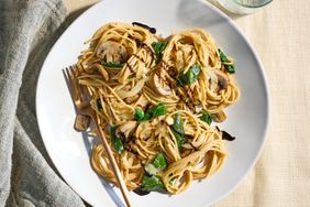 an image of the Spaghetti with Baked Brie, Mushrooms & Spinach