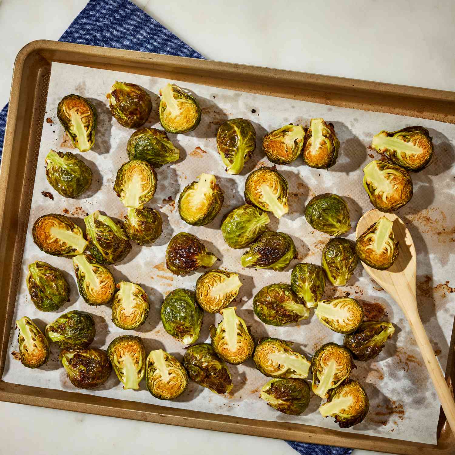 a step in making the Roasted Brussels Sprouts with Kimchi Vinaigrette