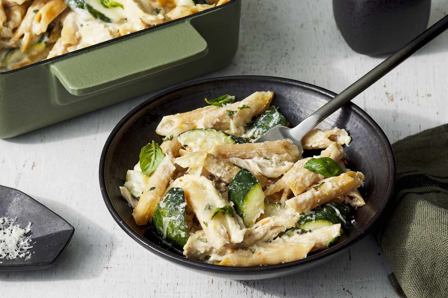 a recipe photo of the Creamy Zucchini and Rotisserie Chicken Pasta
