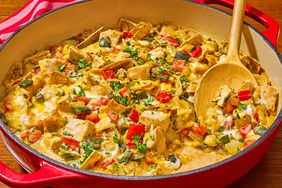 Up-close image of Quick King Ranch Chicken Casserole in a red pan