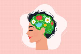 an illustration of a side profile of a brain covered with flowers