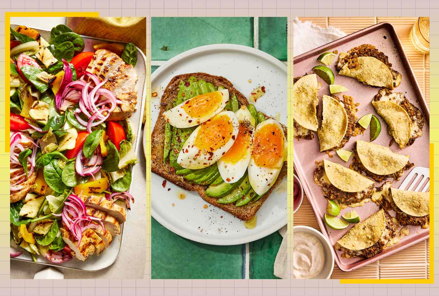 Three dishes including a salad with grilled chicken, avocado toast with eggs, and baked tacos on a tray with lime wedges