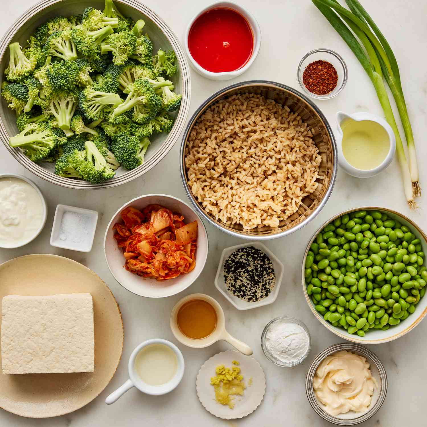a photo of the ingredients to make the Kimchi Broccoli Bowl