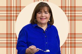 a collage of Ina Garten holding a spoon and a plaid background
