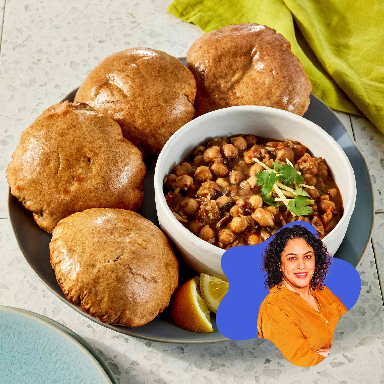 Chole Puri with an inset photo of the recipe contributor