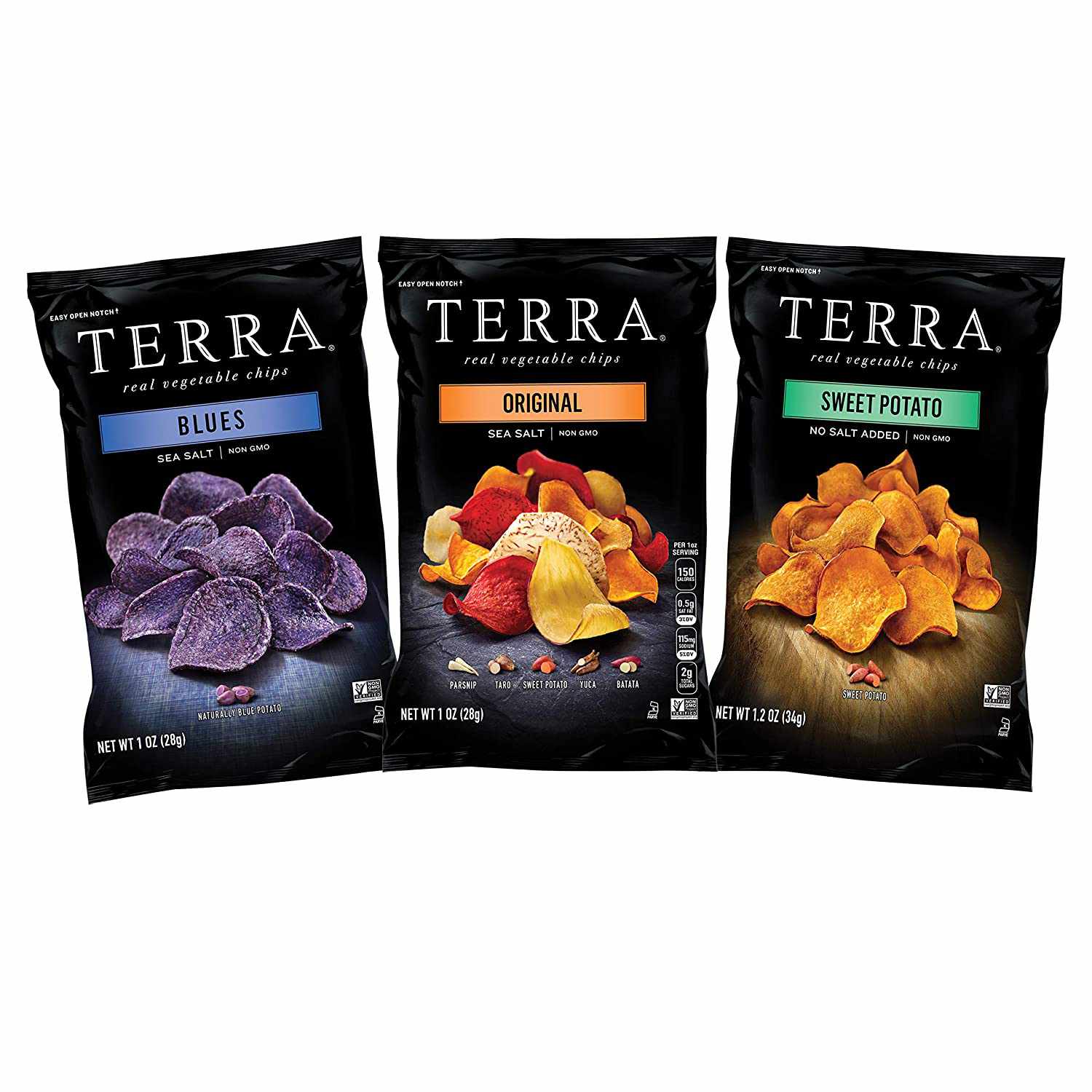 three bags of terra chips next to each other