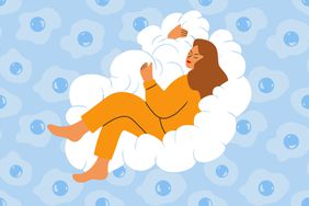 an illustration of a person in pajamas sleeping soundly on a cloud with eggs in the background