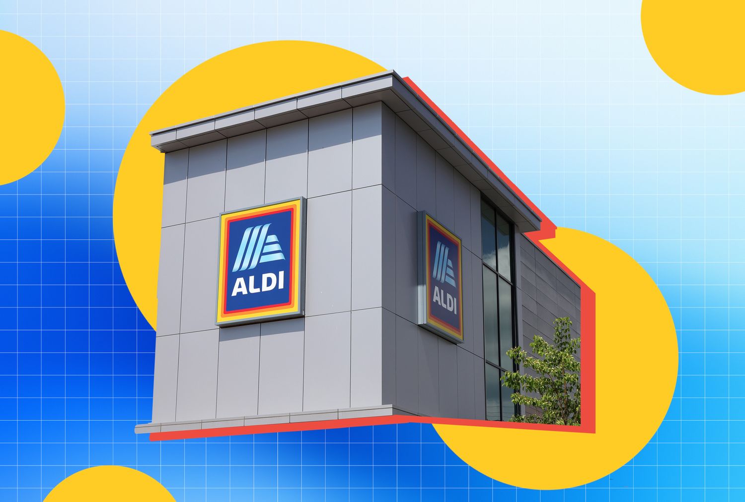 Aldi storefront with its logo visible, against a graphic background with geometric shapes