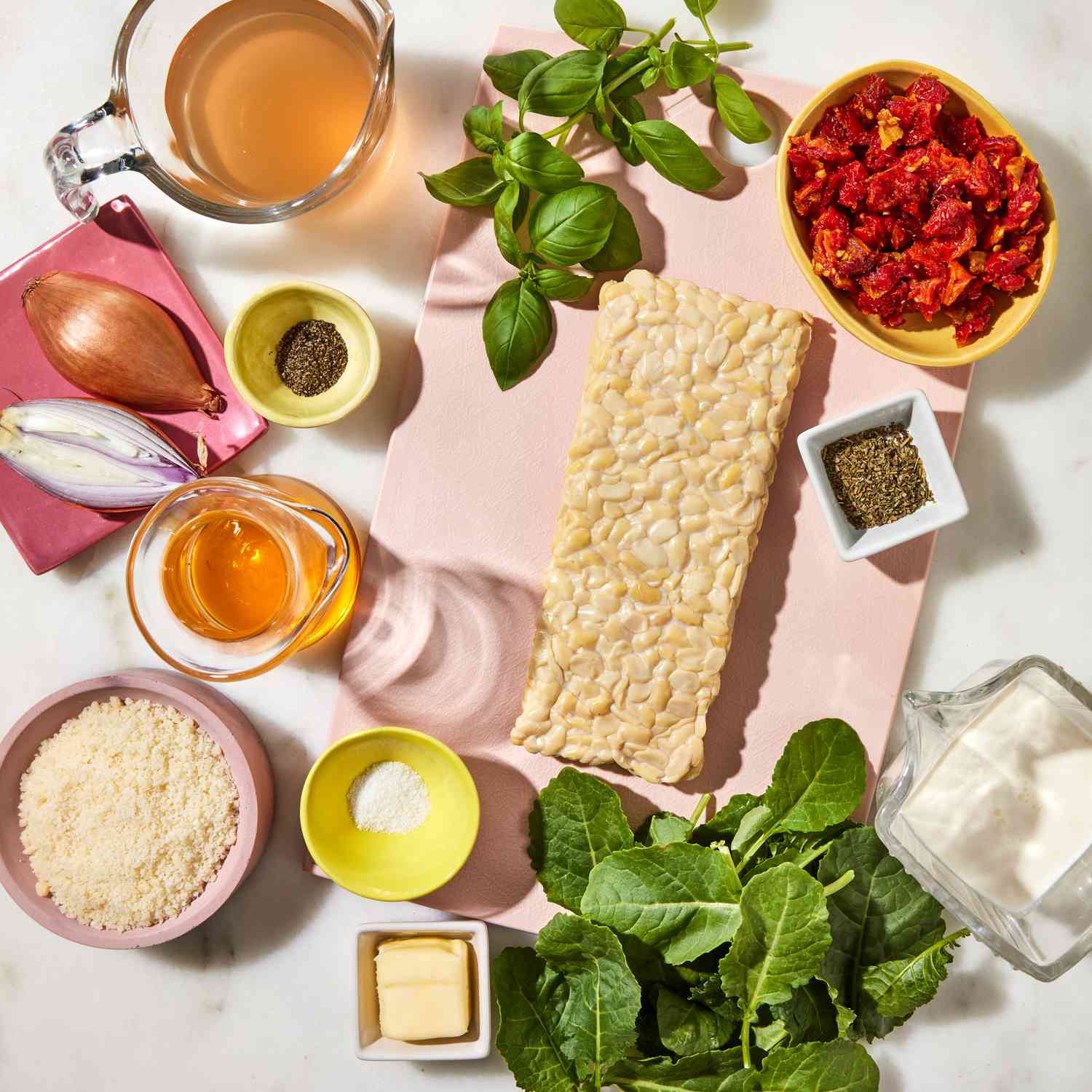 image of ingredients for Crispy Tempeh Steaks with Sun-Dried Tomato Cream Sauce