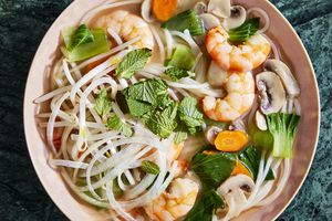 a recipe photo of the Bok Choy Soup with Shrimp and Noodles