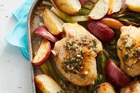 Roasted Chicken Thighs, Potatoes & Scallions with Herb Vinaigrette