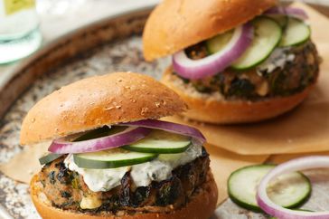 Greek Turkey Burgers with Spinach, Feta & Tzatziki
