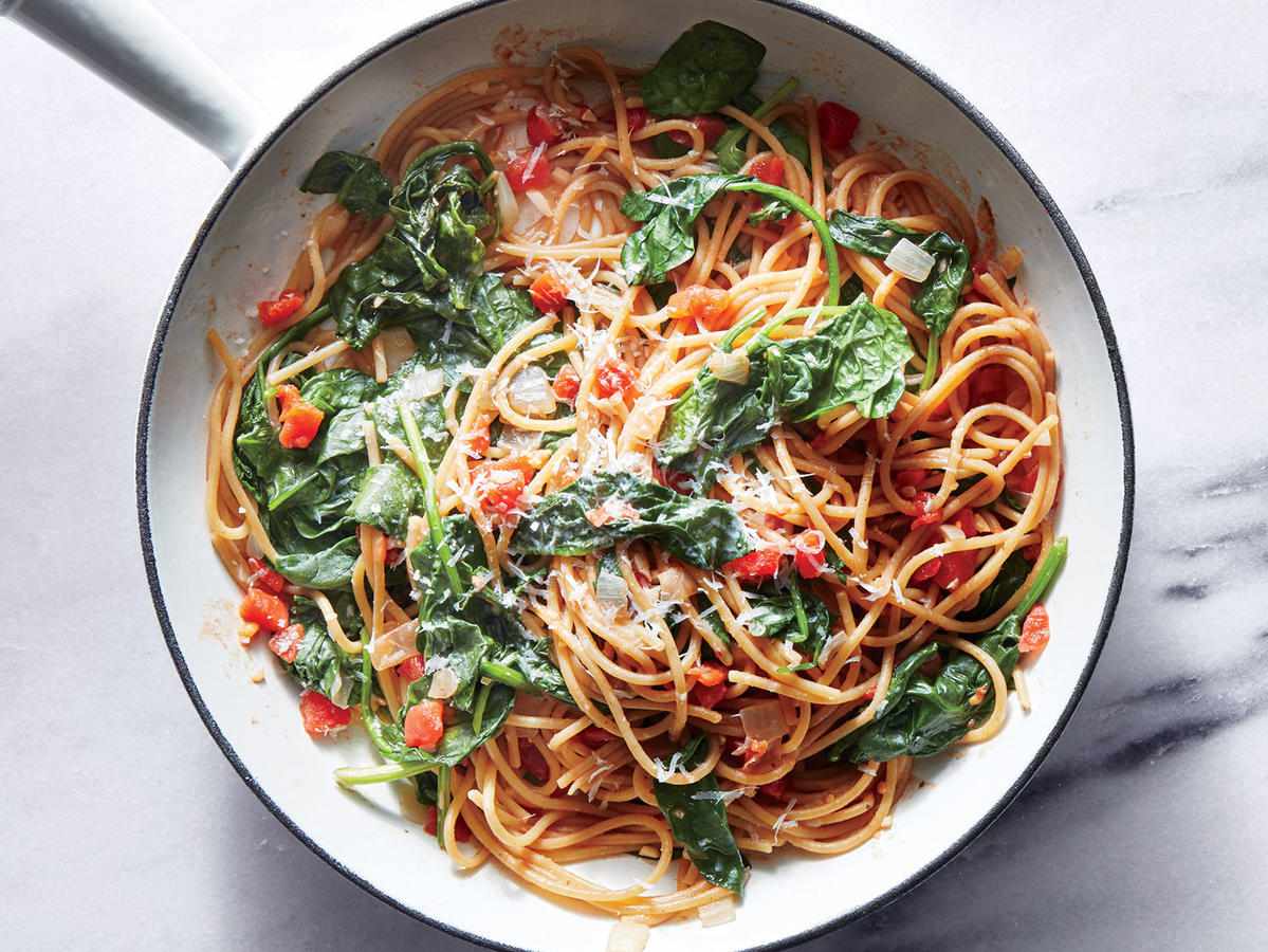 One-Pot Pasta With Spinach and Tomatoes in a pot