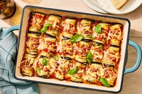 Overhead view of a baking dish of Eggplant Rollatini recipe