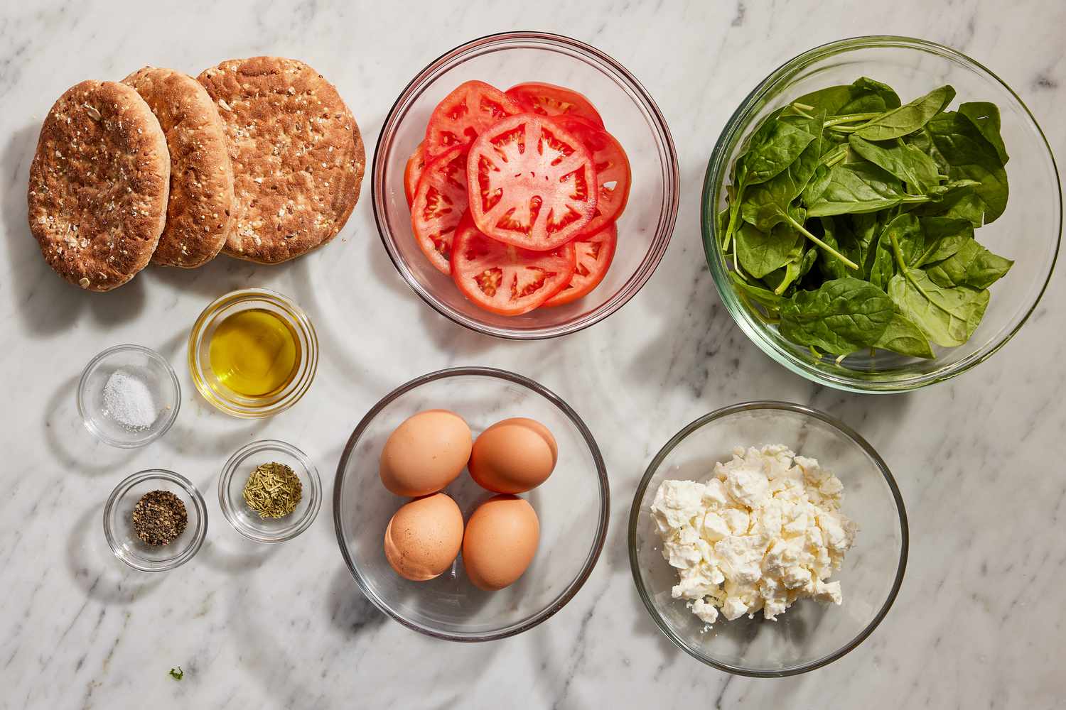 overhead view of all ingredients in various bowls/dishes