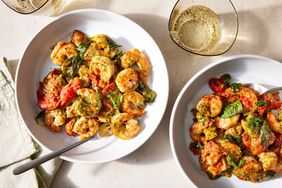 The 15-minute pesto shrimp recipe on a white plate