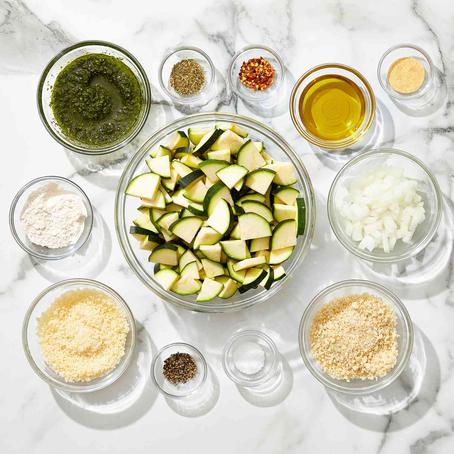 overhead view of all ingredients in various bowls/dishes