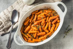 a dish with roasted baby carrots