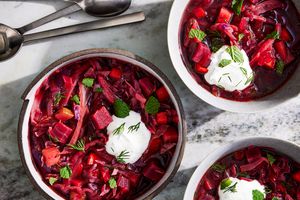 a recipe photo of the Beet & Red Cabbage Borscht with Dill & Mint Yogurt Cream
