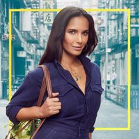 A portrait of Padma Lakshmi with a designed treatment
