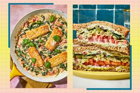 A skillet meal with vegetables and a cheese topping, beside a stacked sandwich on whole-grain bread with layers of fillings