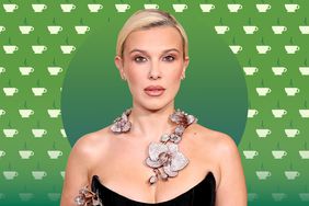 A image of Millie Bobby Brown with teacups in the background.
