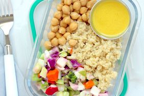 veggie grain bowl in a glass to-go container