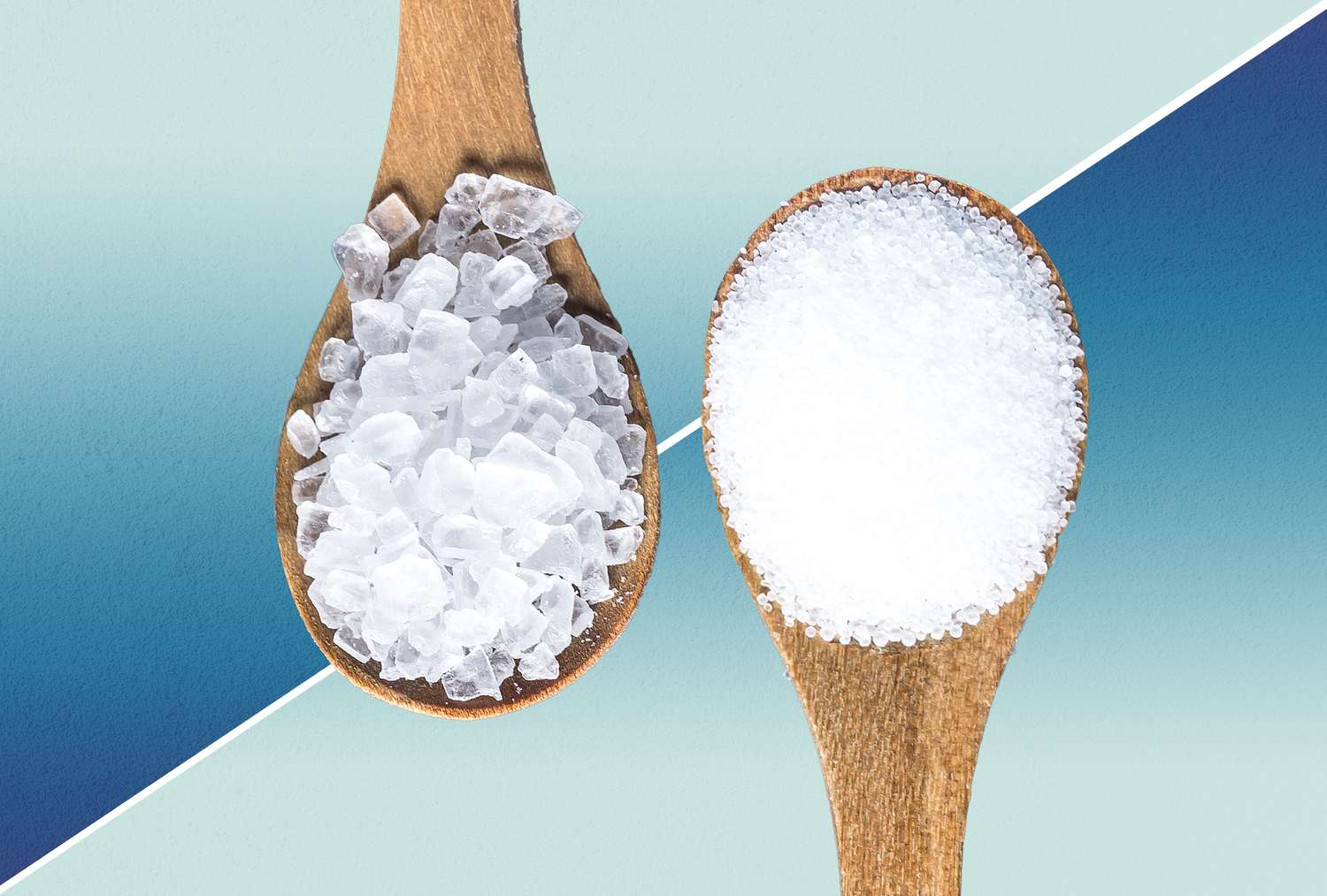 two wooden spoons with sea salt and table salt on them on a designed background
