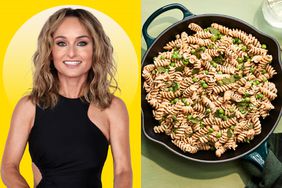 a photo of Giada De Laurentiis alongside EatingWell's recipe photo of the One-Pot Pasta with Peas & Parmesan