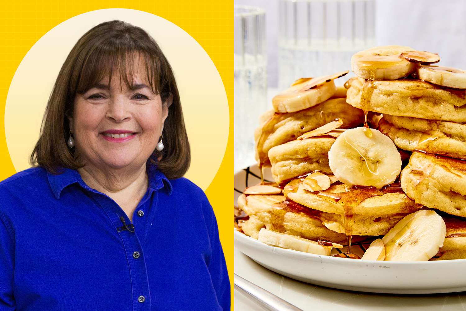 a side by side of Ina Garten and EatingWell's Fluffy Pancakes recipe photo