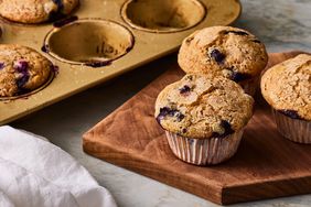 Angled view of High-Protein Lemon-Blueberry Muffins recipe