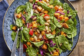 Spinach Salad with Roasted Sweet Potatoes, White Beans & Basil Vinaigrette