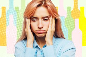 A woman with a hangover on a designed background